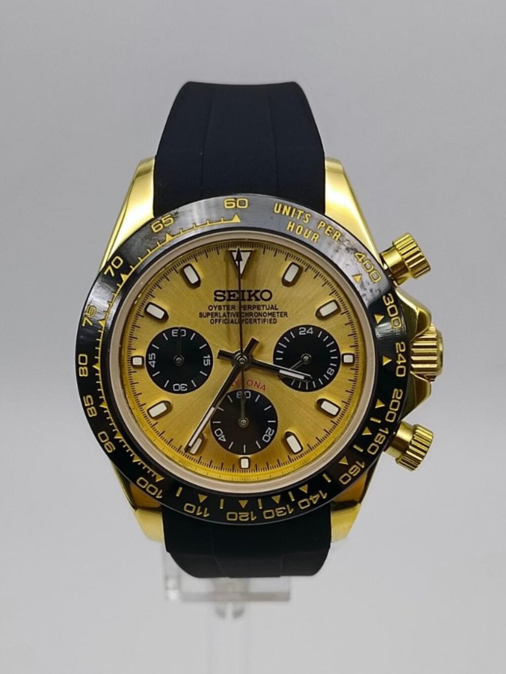 Men's Gold Chronograph Watch Champagne Dial Black Rubber Powered by Seiko VK63